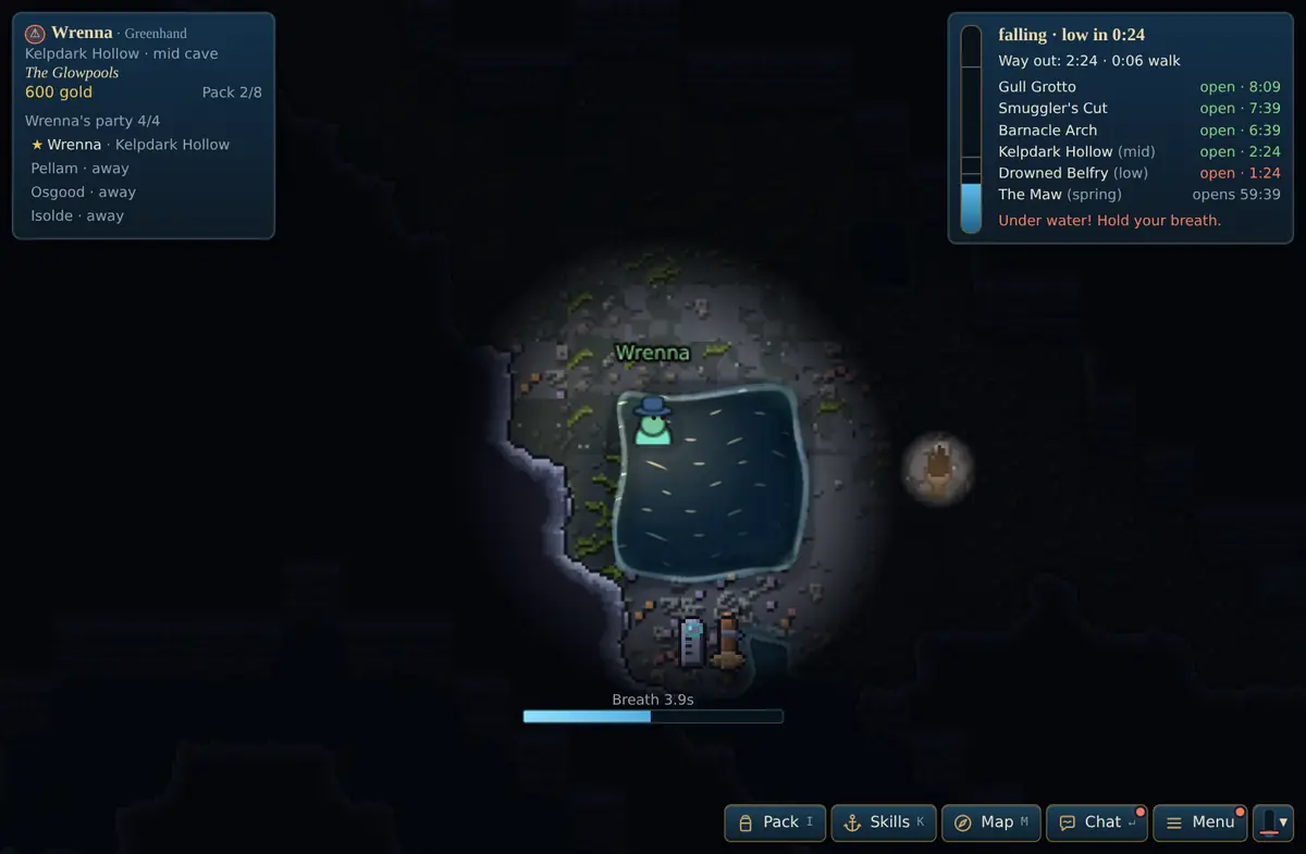 Wrenna under water in the Glowpools of Kelpdark Hollow, her breath running out, while the tide table counts down the way out and warns her to hold her breath.