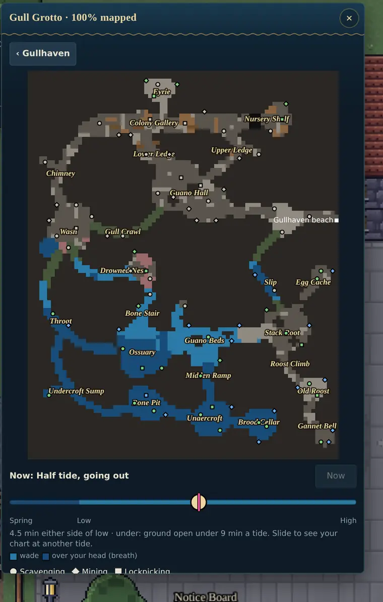 Gull Grotto's chart, 100% mapped, with named places, marked finds and a tide slider showing which passages flood at half tide.
