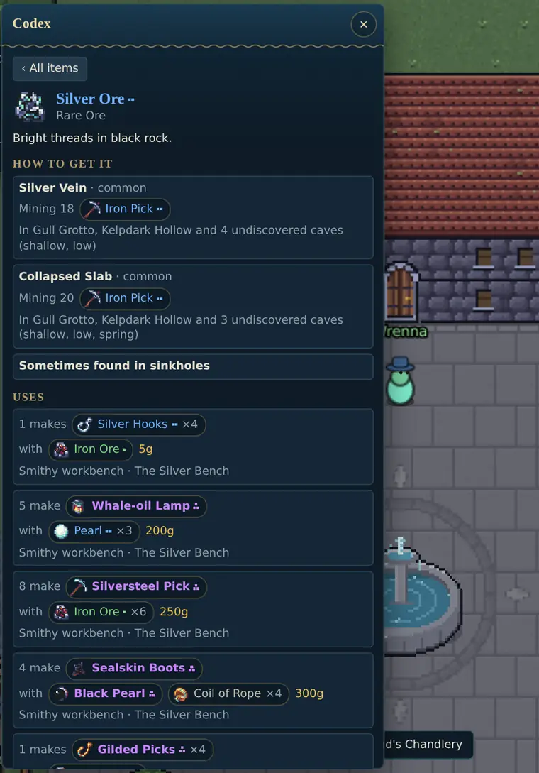 The Codex page for Silver Ore: which veins give it, at what Mining level and with which pick, and everything the Smithy makes from it.