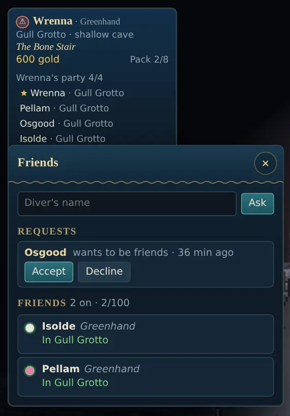 The Friends panel: a request from Osgood to accept or decline, and two friends online in Gull Grotto.