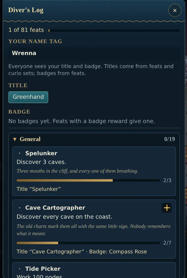 The Diver's Log, listing feats such as Spelunker and Cave Cartographer with their rewards.