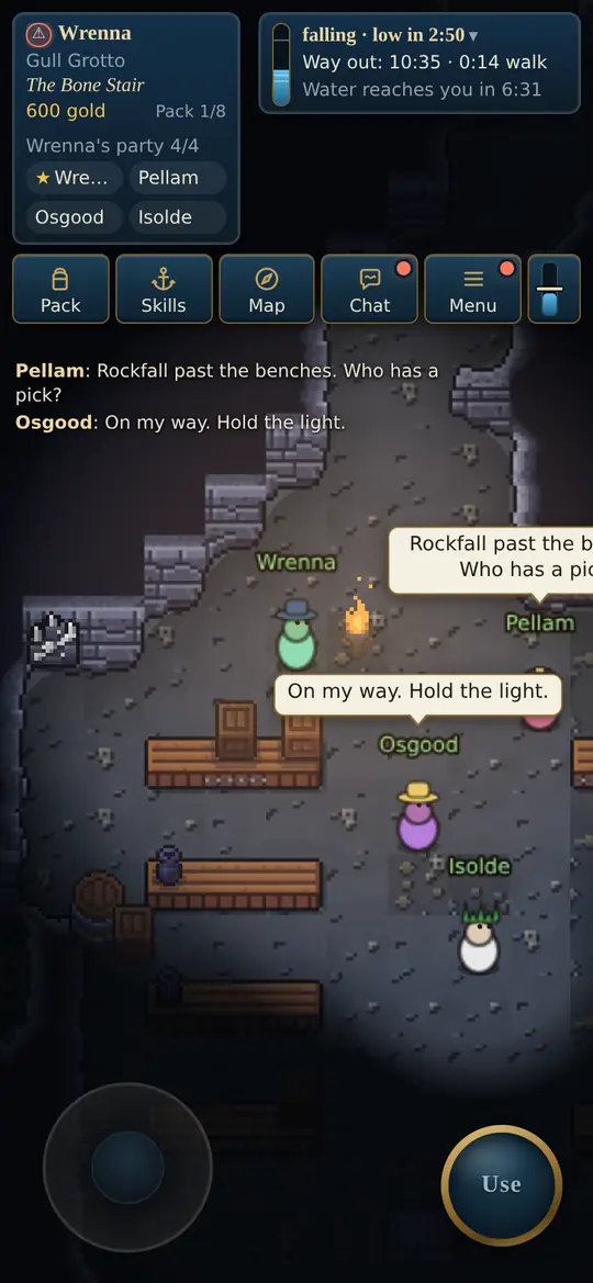 Gullhaven on a phone: Wrenna's party of four in Gull Grotto, mates shown as pills under her name, the way-out countdown, chat bubbles, a thumb stick and a Use button.