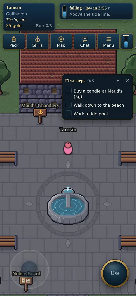 A new diver, Tamsin, in the square on a phone. A First steps card lists: buy a candle at Maud's, walk down to the beach, work a tide pool.