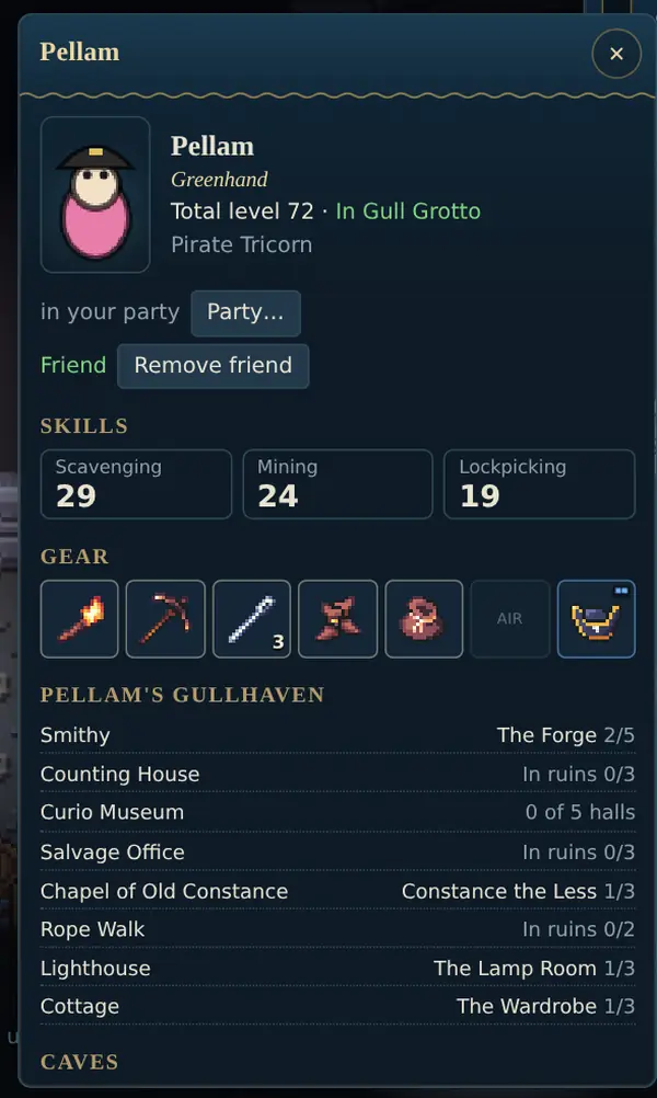 Pellam's profile card: his title, total level, hat, party and friend buttons, skills, gear, his own Gullhaven and the caves he has found.