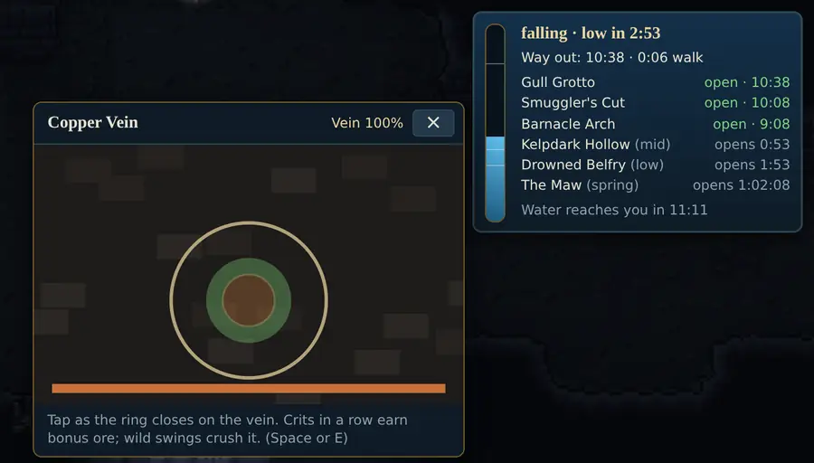 The Strike game at a copper vein: a ring closes on the vein, with the tide table beside it.